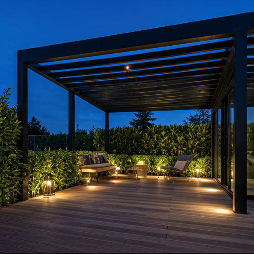 Luxury modern terrace with black pergola at night